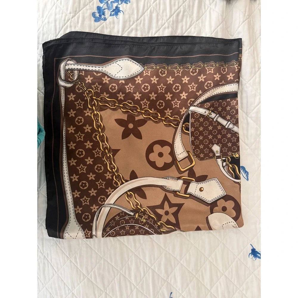 Designer Inspired Monogram Handbag Print Square Scarf Brown Tan Gold Chain